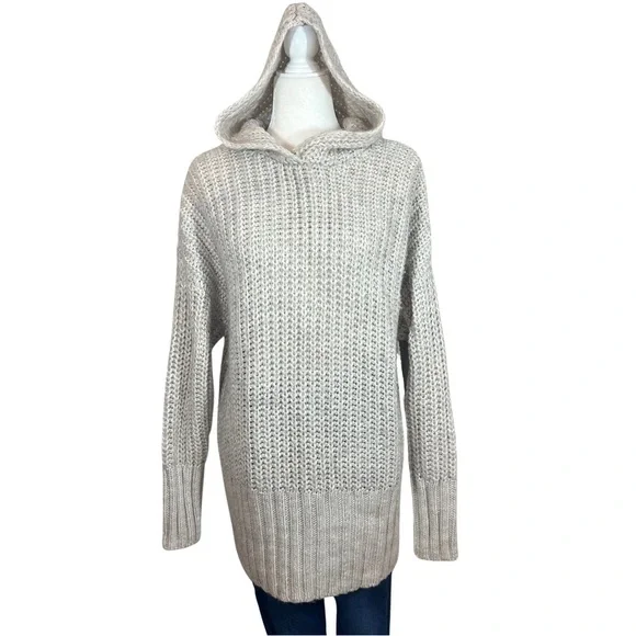 H&M Alpaca Wool Blend Chunky Knit Hooded Tunic Pullover Sweater Beige Medium - Picture 13 of 15